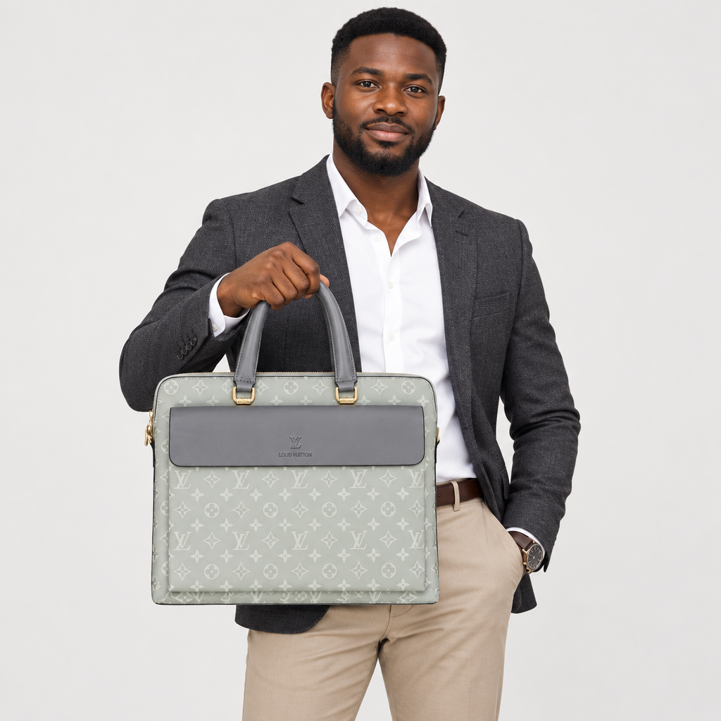 Nigerian man holding pale grey monogram briefcase on plain background