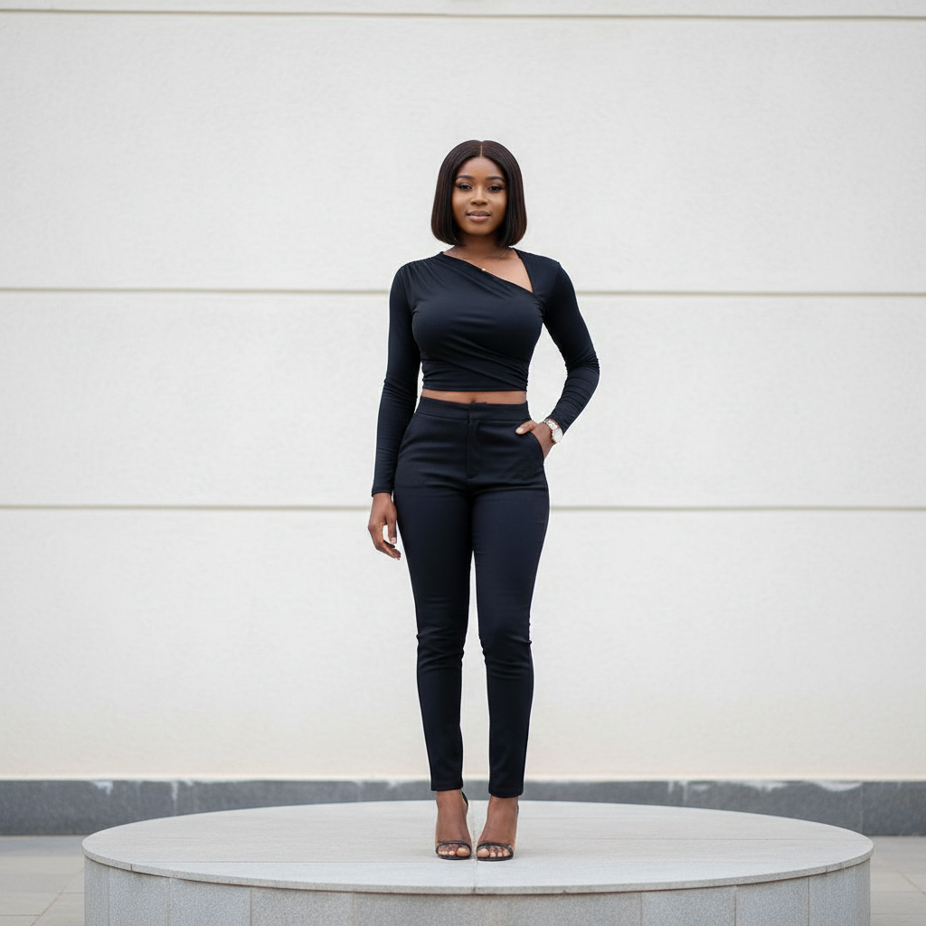Women's Wrap V-Neck Long-Sleeve Fitted Top - Nigerian Female Model