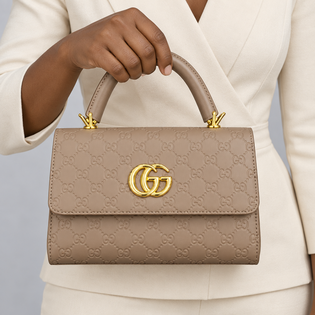 Taupe beige embossed handbag held by its top handle