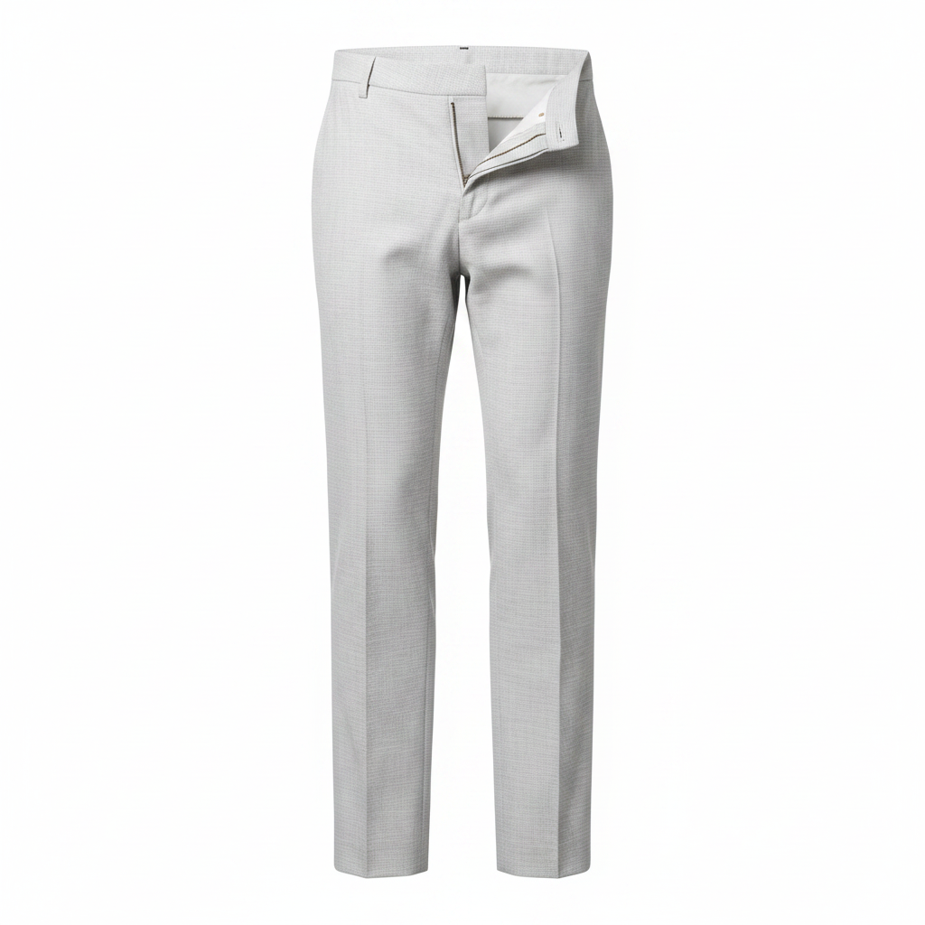 White grey textured trousers on ghost mannequin, white background