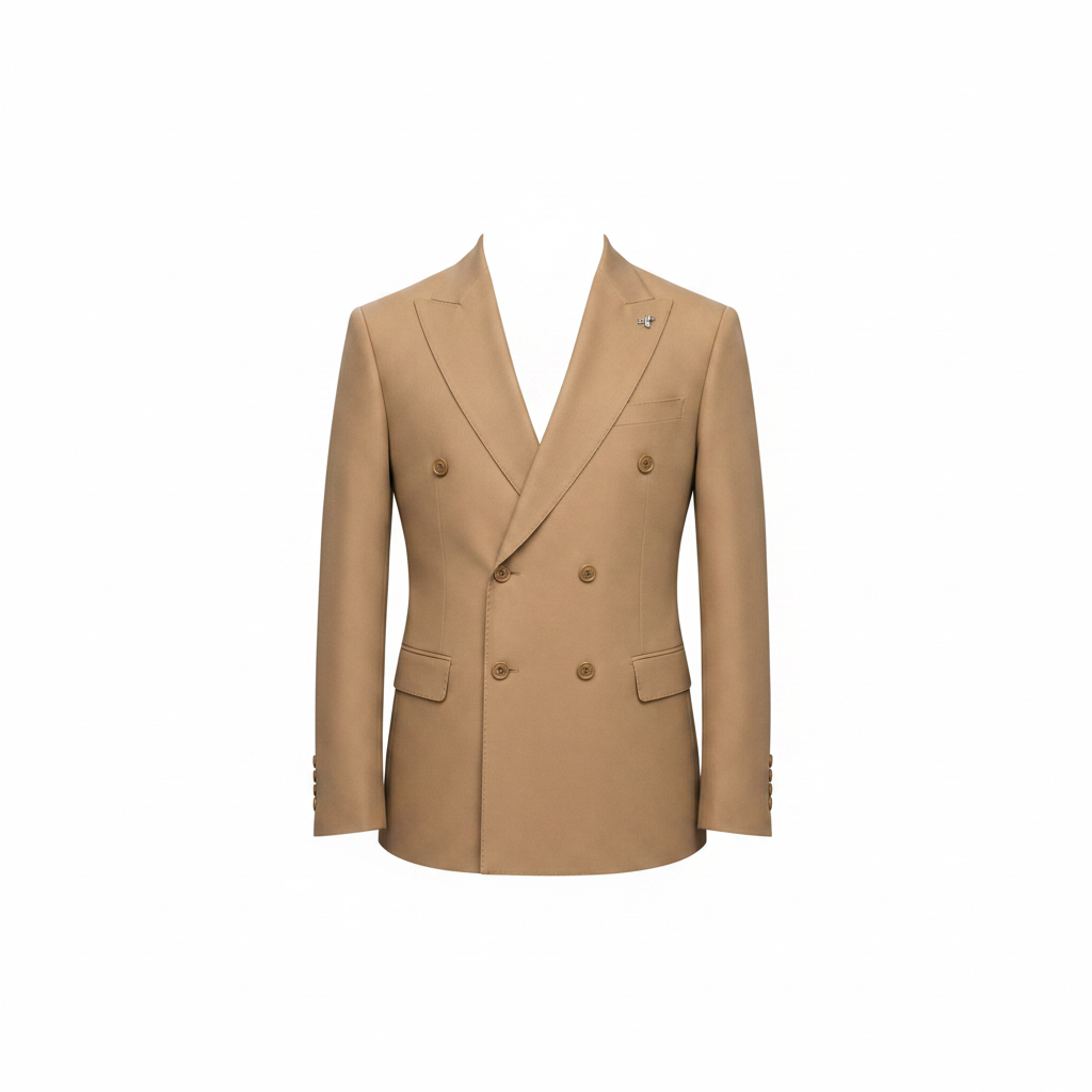 Camel double-breasted suit jacket — ghost mannequin view