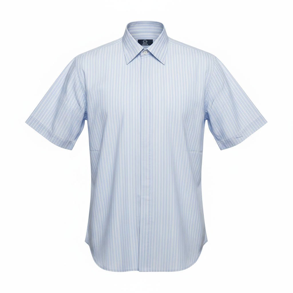 Ghost mannequin of light blue multi-stripe short-sleeved shirt on white background