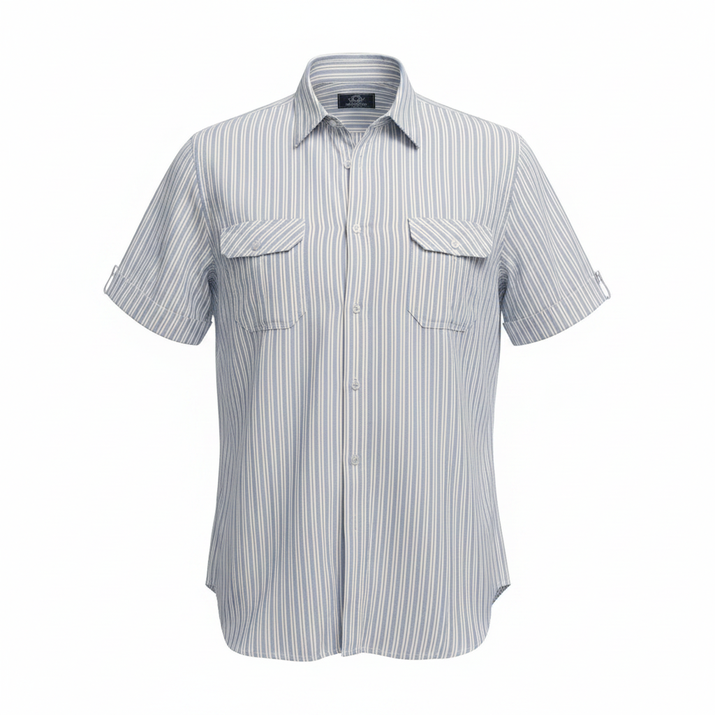 Blue White Striped Short-Sleeved Shirt - Ghost Mannequin