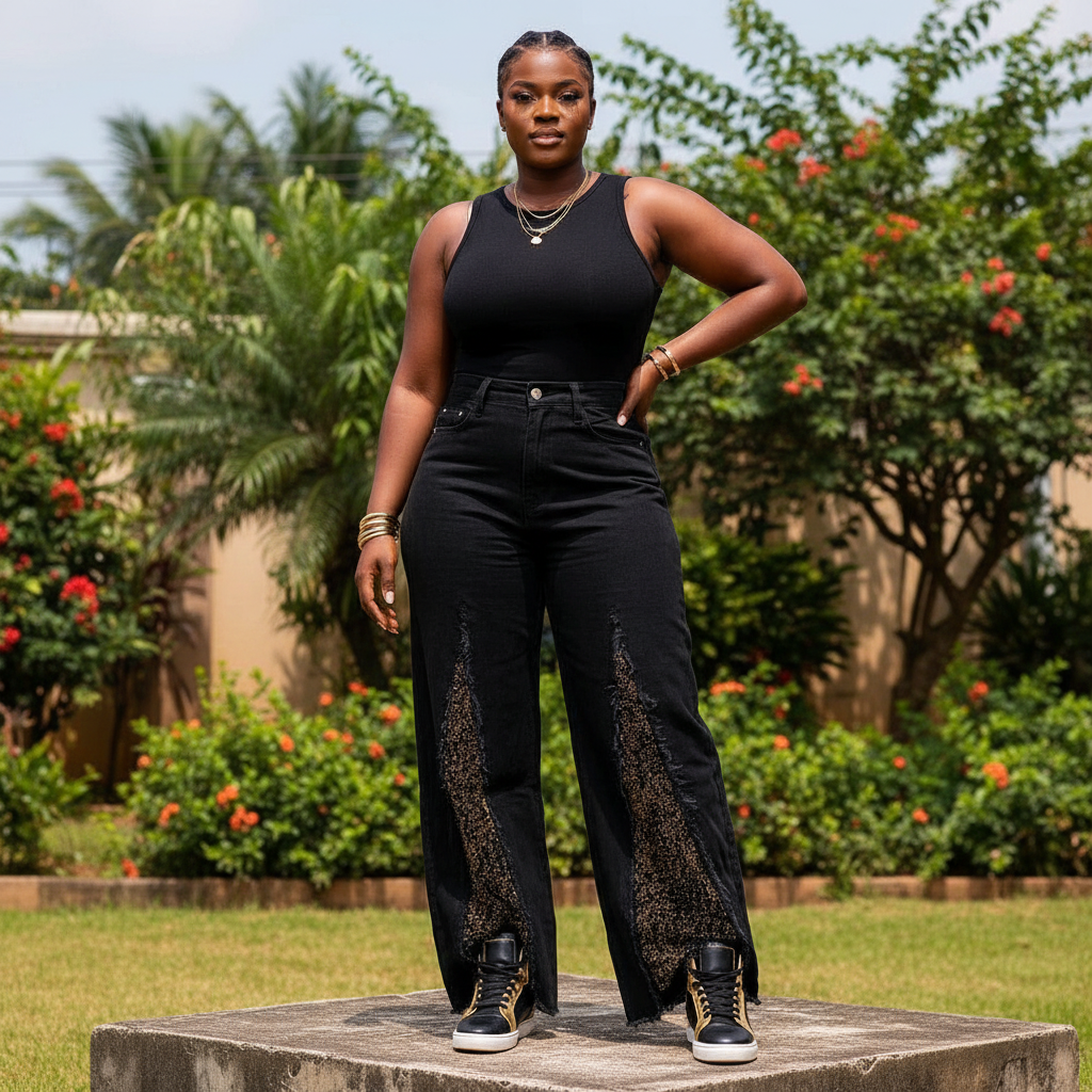 Nigerian female model wearing women's black high-waist wide-leg gold rhinestone embellished denim jeans, garden setting