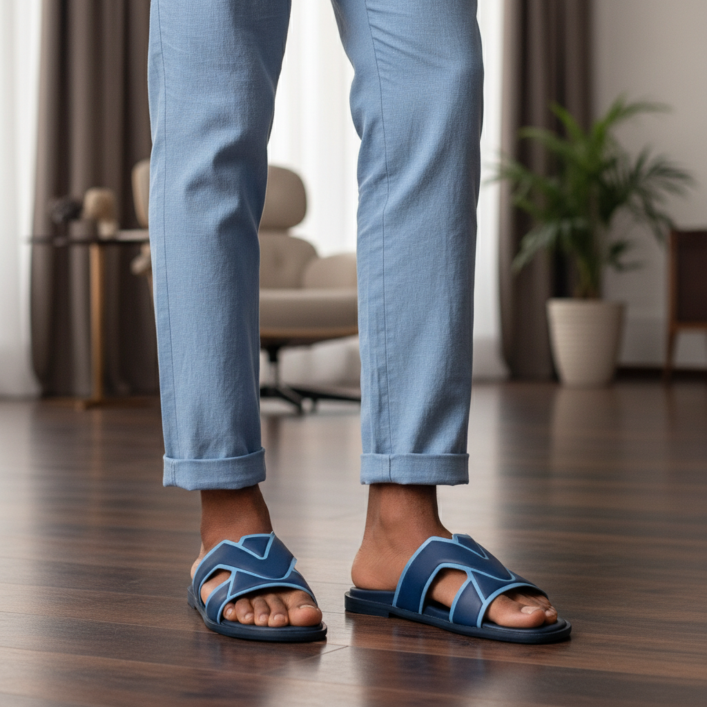 Navy Blue LV Monogram Cross-Strap Palm Slide - Model Shot