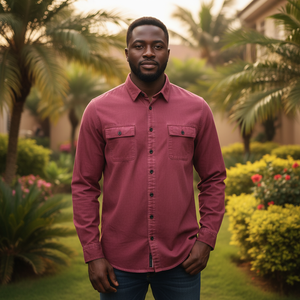 Nigerian male model wearing Burgundy Long Sleeve Shirt front view