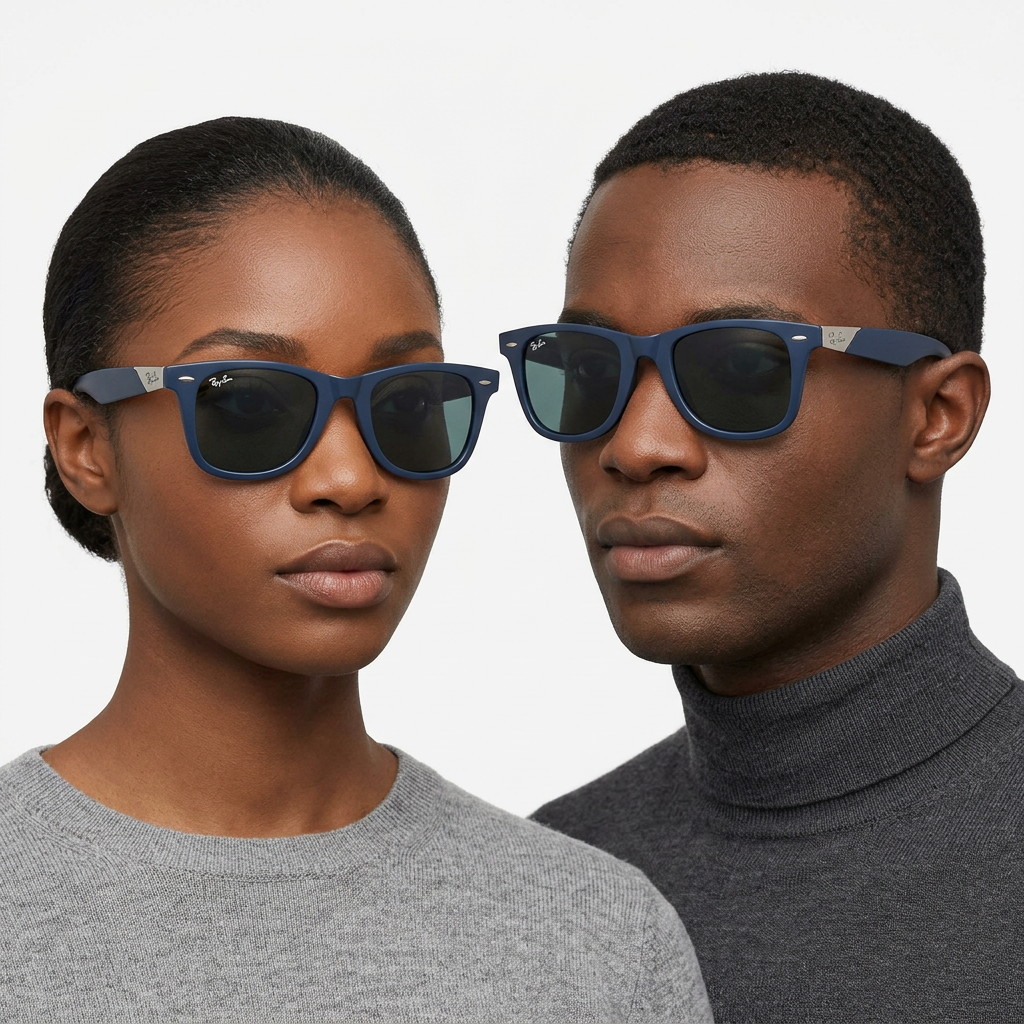 Black adult woman and man wearing navy square sunglasses with silver-tone panels and visible lettering