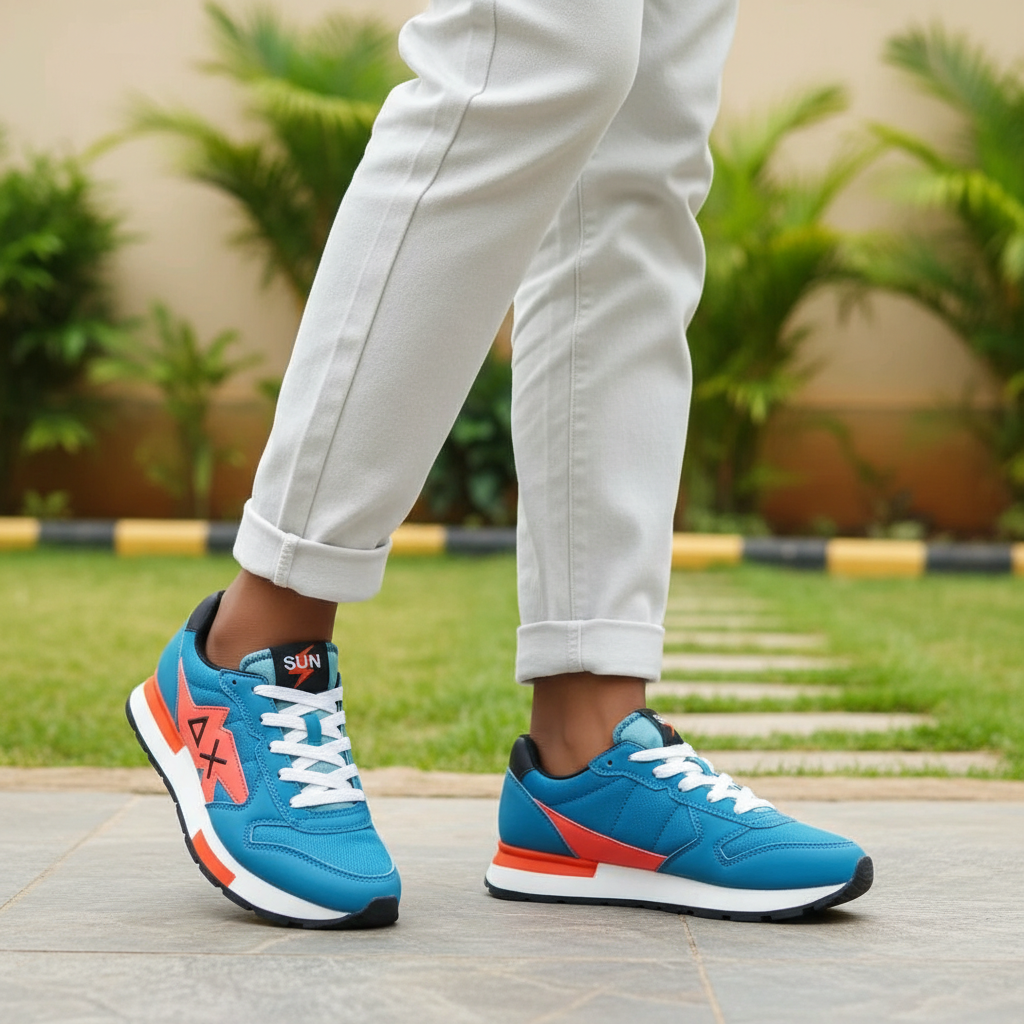 Nigerian female model wearing teal and orange graphic panel lace-up sneakers