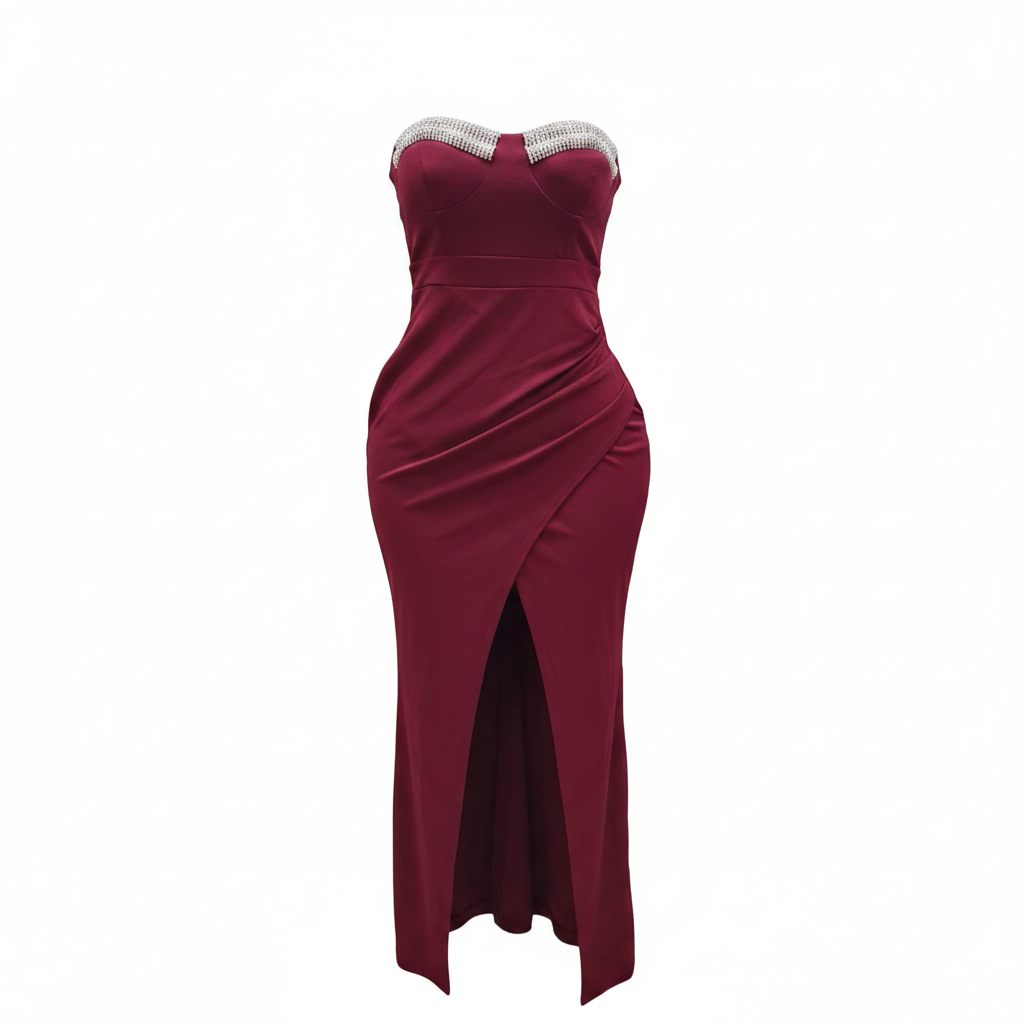 Burgundy Rhinestone Strapless Bodycon Midi Dress - Ghost Mannequin