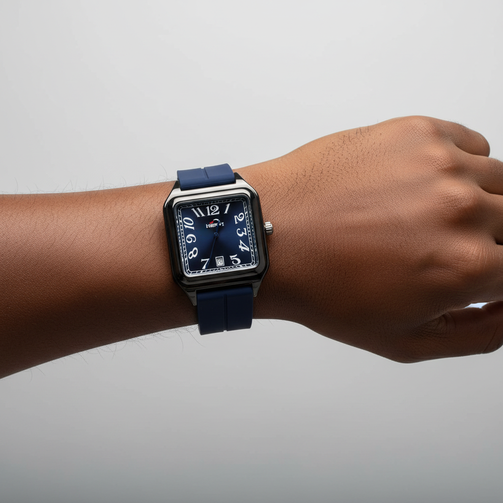 Blue numeral square wristwatch worn on a Black man's wrist