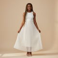 Nigerian girl wearing white pearl hem pleated midi skirt - front view