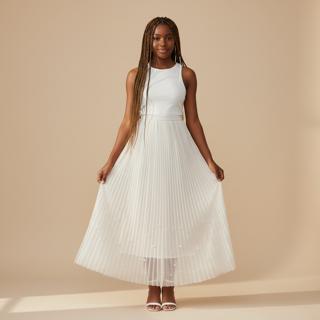 Nigerian girl wearing white pearl hem pleated midi skirt - front view