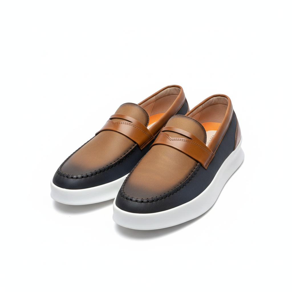 Tan Navy Two-Tone Leather Penny Loafer - Ghost Mannequin