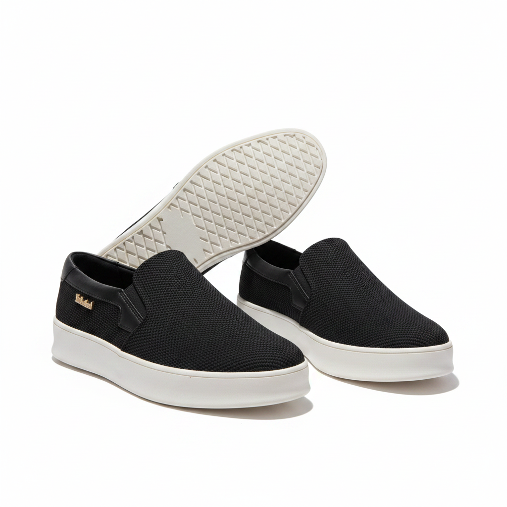 Timberland black knit slip-on platform sneaker dynamic ghost mannequin product shot, plain white background