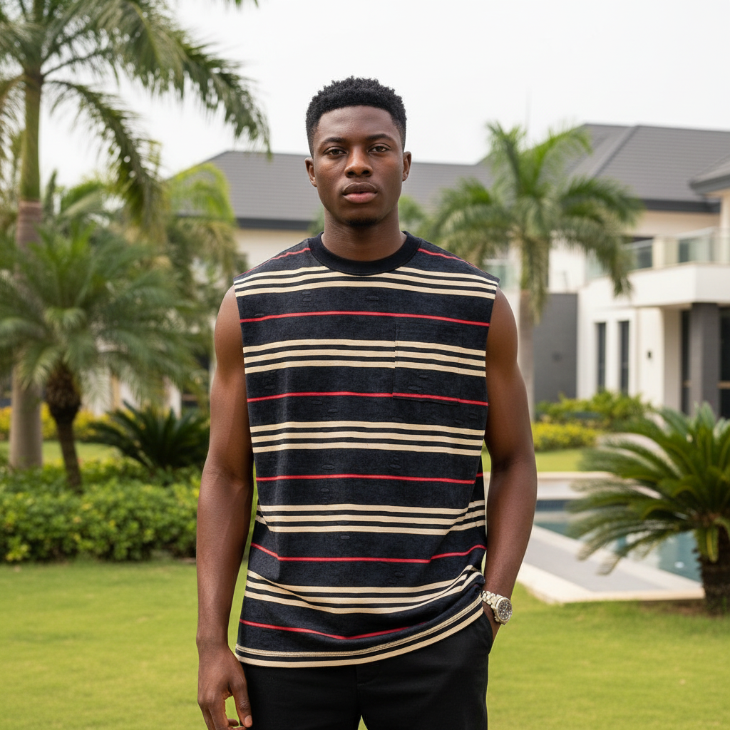 Nigerian male model wearing men's navy cream red stripe sleeveless vest top