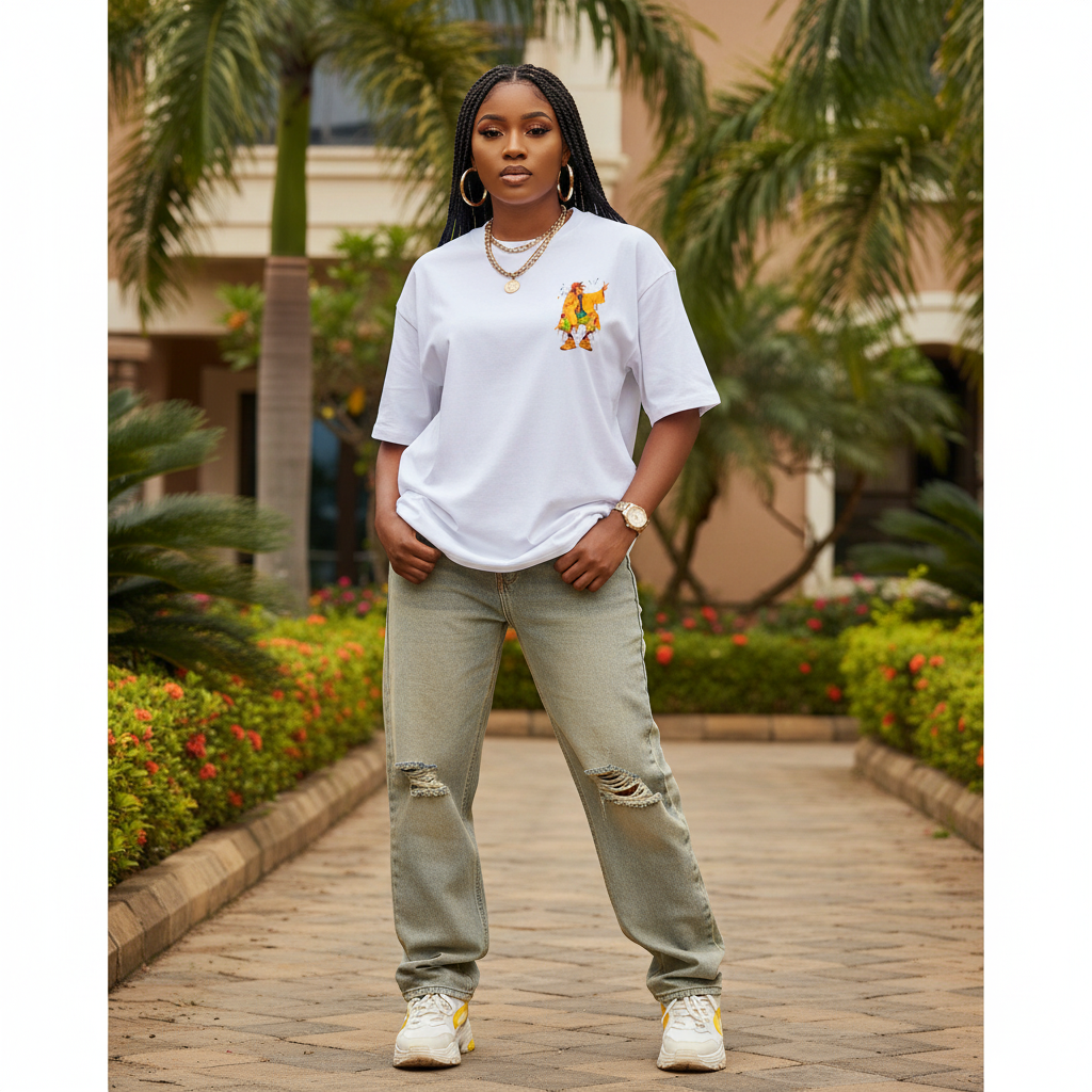 Nigerian female model wearing white pop-art streetwear character graphic tee – front view