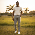 Nigerian model wearing light grey washed jeans