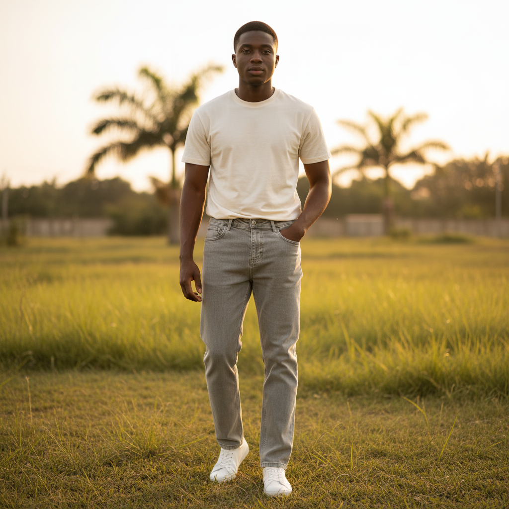 Nigerian model wearing light grey washed jeans