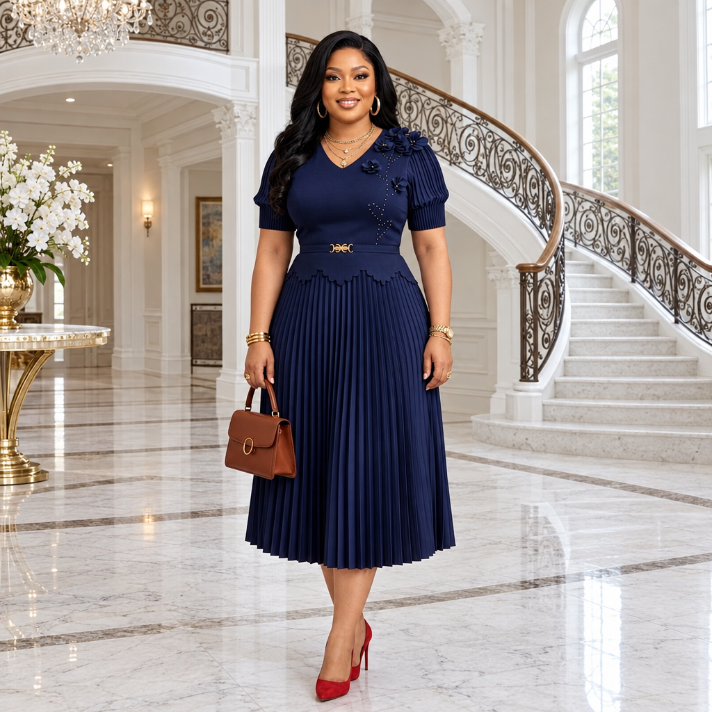 Nigerian woman wearing navy floral-detail pleated dress