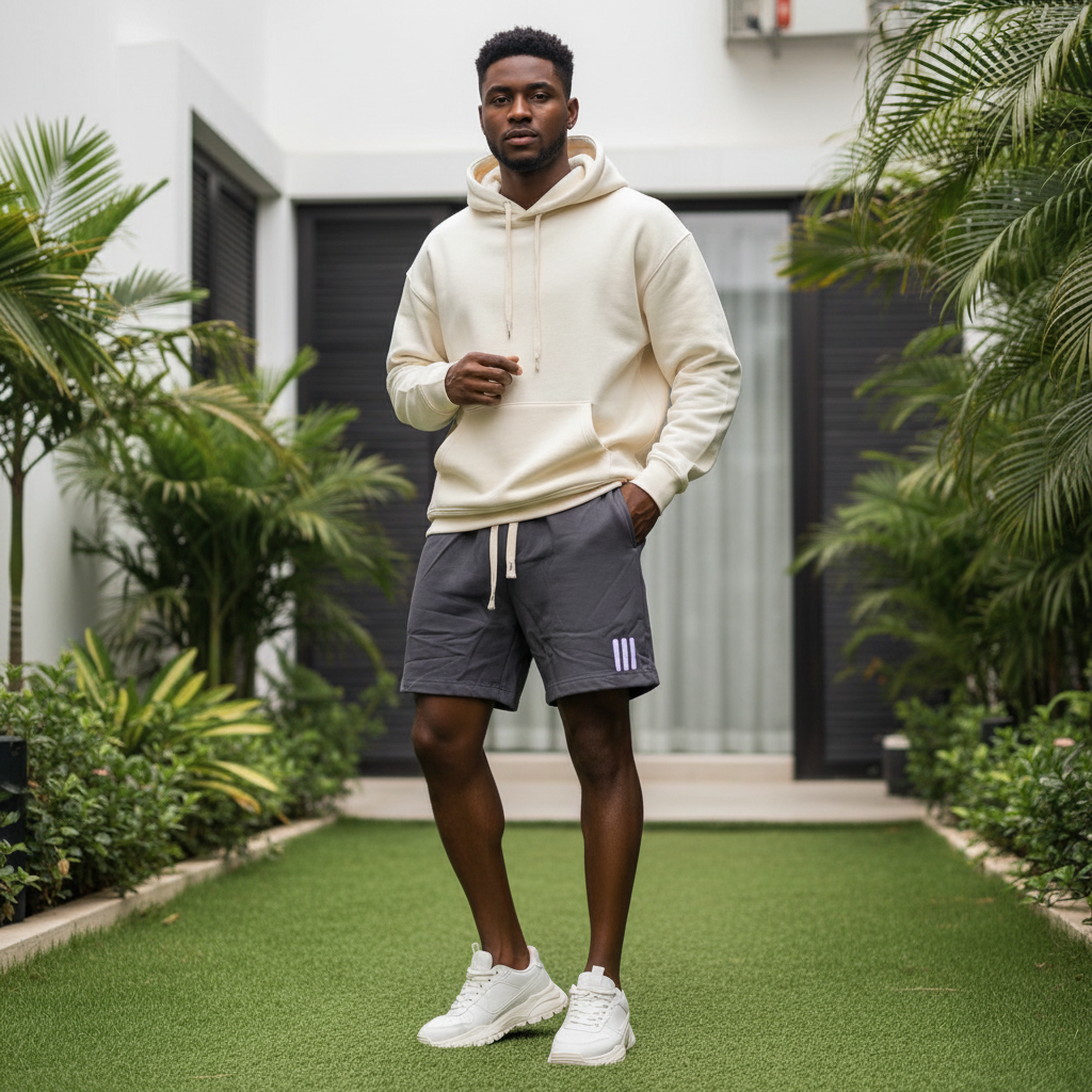 Nigerian male model wearing charcoal grey three-stripe hem athletic sweat shorts — full body streetwear shot