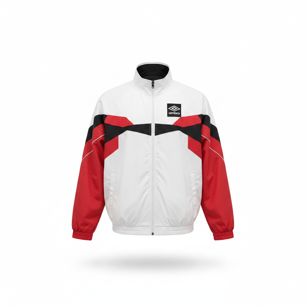 Ghost mannequin view of white and red colourblock track jacket