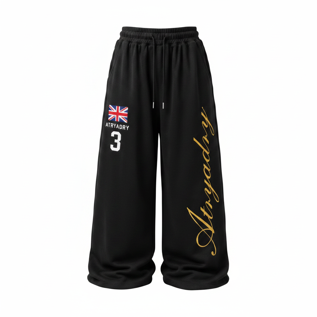 Men's black gold script baggy wide-leg sweatpants – ghost mannequin front view