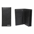 Men's leather wallet catalog shot, closed and open layered inner view