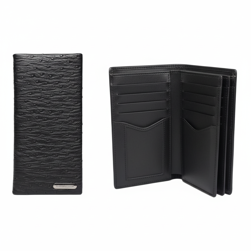 Men's leather wallet catalog shot, closed and open layered inner view