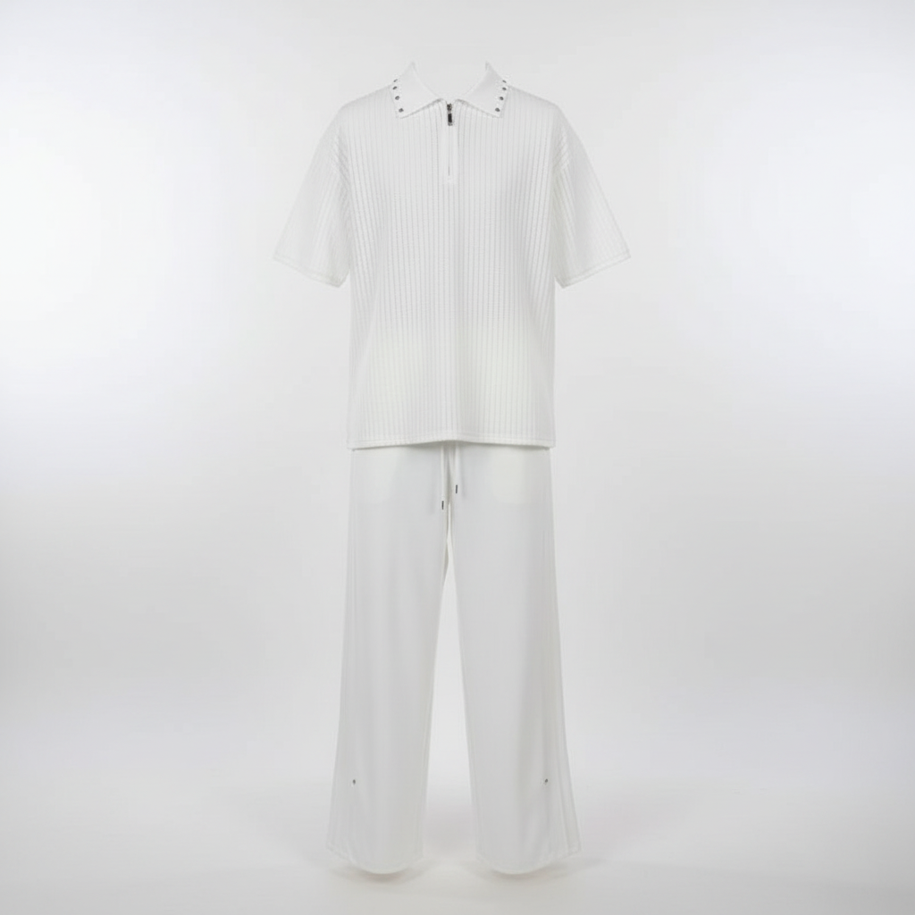 Ghost mannequin white ribbed polo and trouser two-piece set