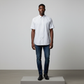 Nigerian male model wearing White Pinstripe Short-Sleeved Shirt