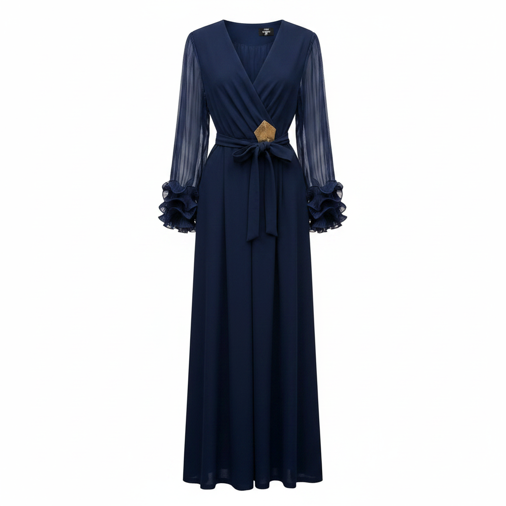 Women's long-sleeve ruffle-cuff wrap maxi dress in navy blue – ghost mannequin front view