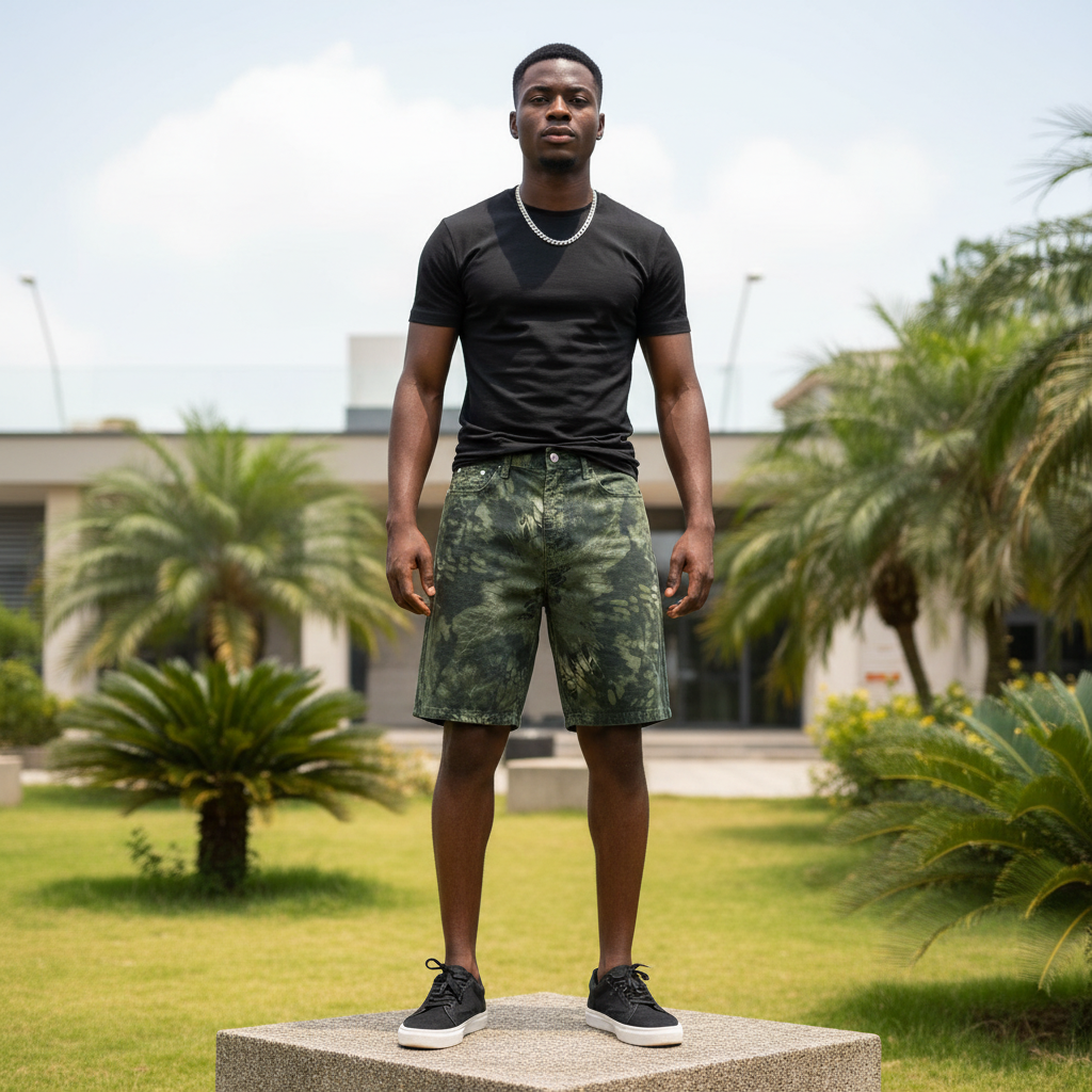 Nigerian male model wearing men's dark green python scale camo print denim shorts streetwear style