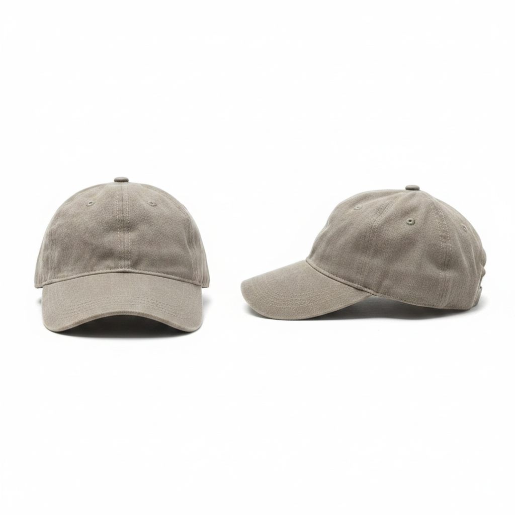 Plain solid light khaki beige baseball cap – ghost mannequin front and side view