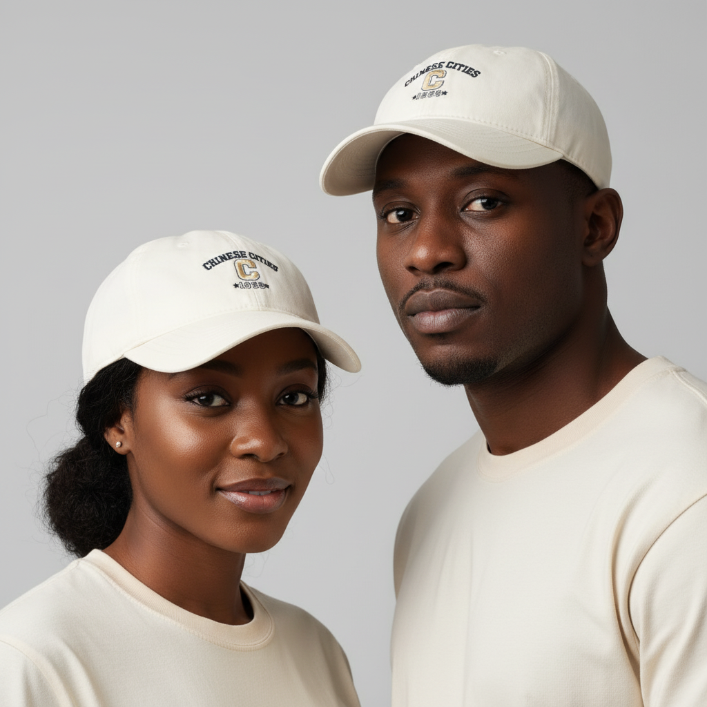 Nigerian male and female models wearing cream collegiate varsity C dad cap