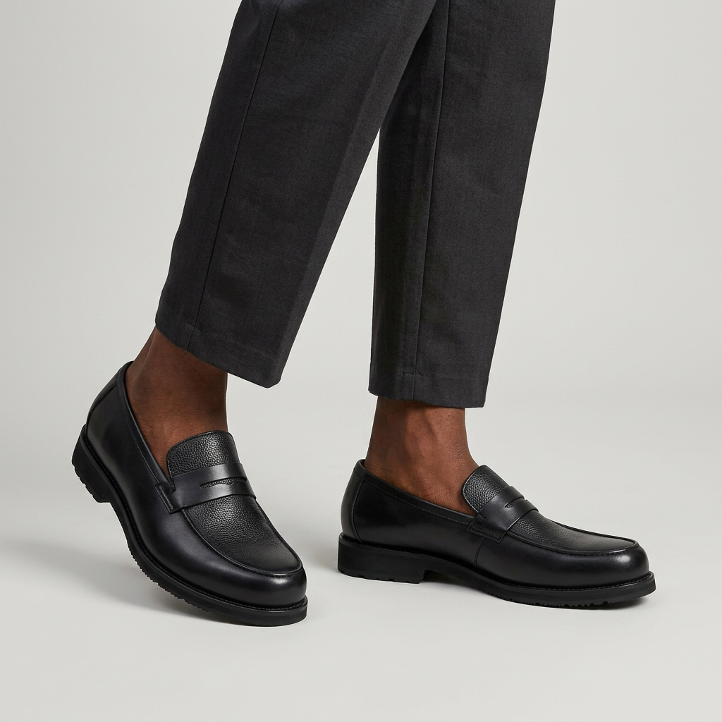 Man wearing black leather penny loafers with pebbled strap on a plain studio background