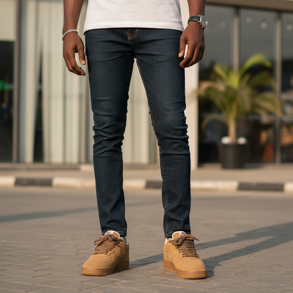 Nigerian male model wearing Nike Air Force 1 Low wheat suede sneakers, leg focus lifestyle shot