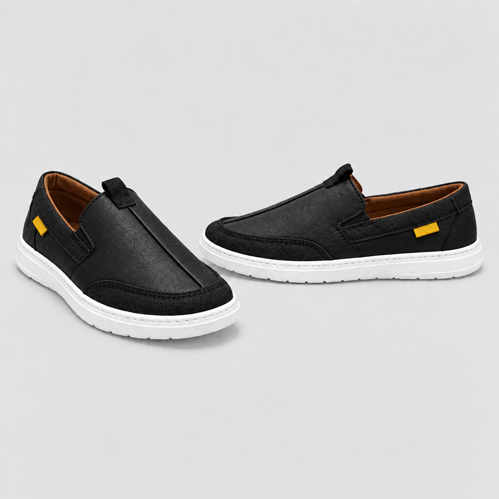 Men's black textile toe slip-on sneakers, front and side view