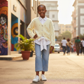 Nigerian girl model wearing pearl fuzzy cardigan and bow jeans set