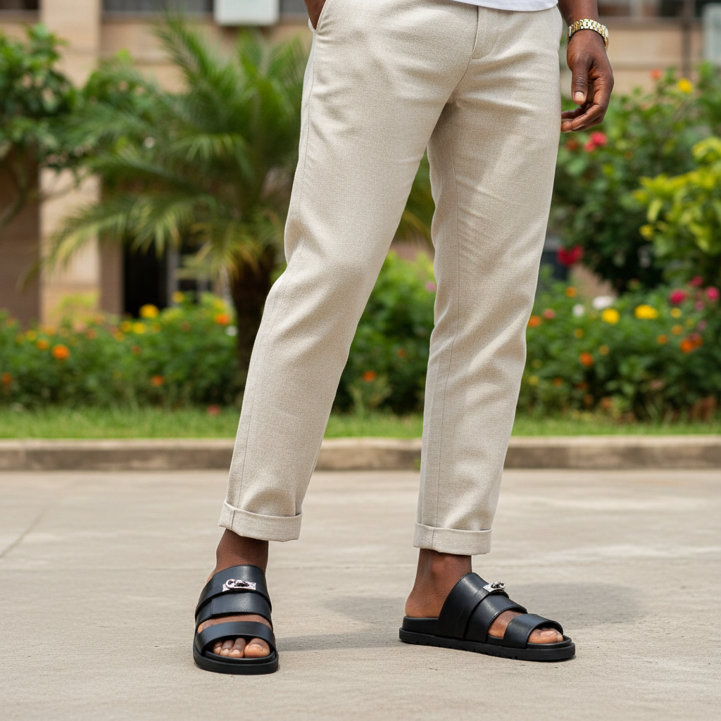 Nigerian male model Gen Z style wearing black double-strap platform slide slipper — leg focus
