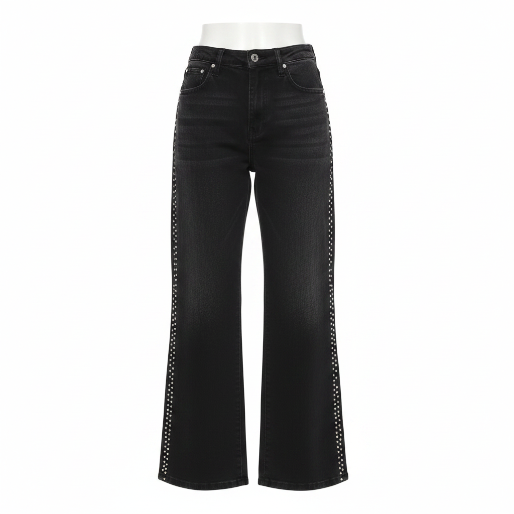 Black Washed Side-Rhinestone Wide-Leg Jeans - Ghost Mannequin Front