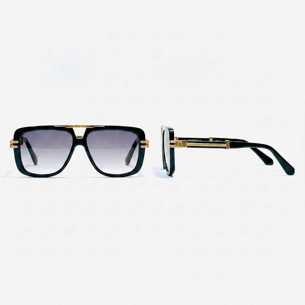 Unisex oversized square flat-top sunglasses black acetate frame gradient grey purple lens gold bar bridge and temple hardware – front and side view