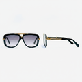 Unisex oversized square flat-top sunglasses black acetate frame gradient grey purple lens gold bar bridge and temple hardware – front and side view