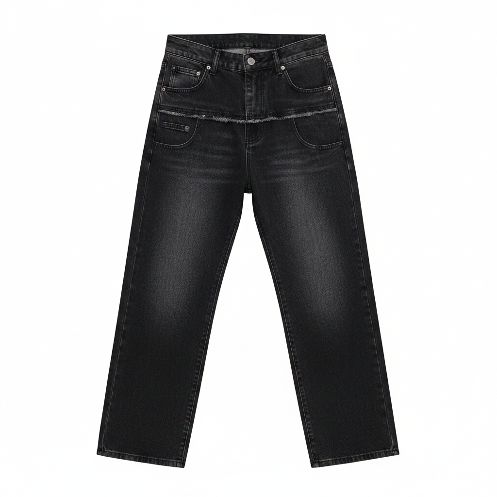 Men's black washed wide-leg denim jeans with double waistband detail, ghost mannequin front view