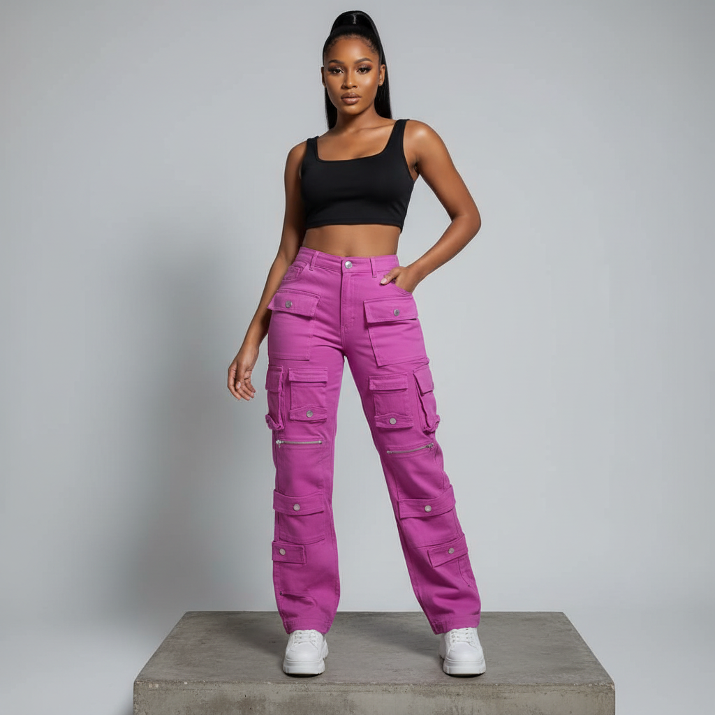 Purple Multi-Pocket Cargo Trousers - Model Front
