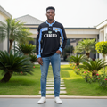 Black and sky blue stripe long-sleeve retro football jersey — Nigerian male model front view