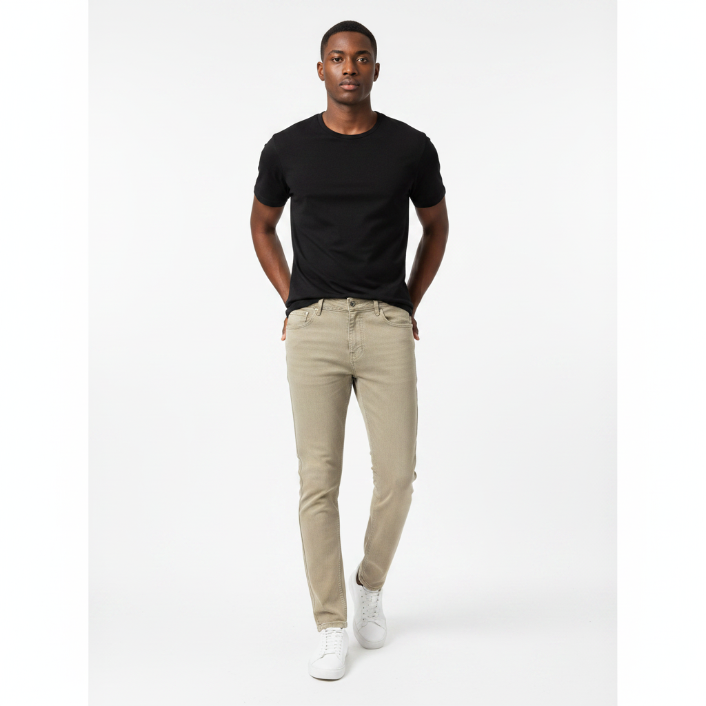 Nigerian model wearing khaki slim fit jeans