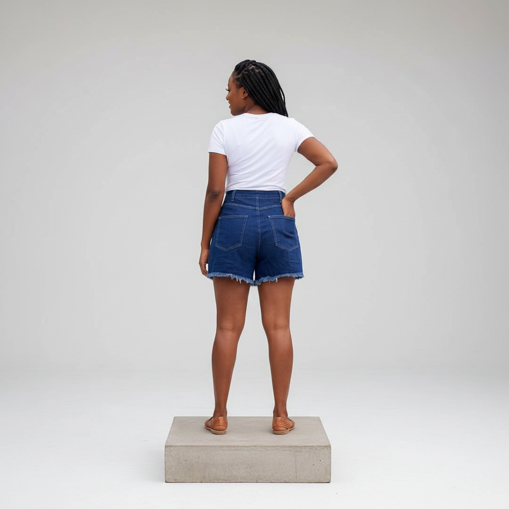 Dark Blue High-Waist Frayed Denim Shorts – Back Model