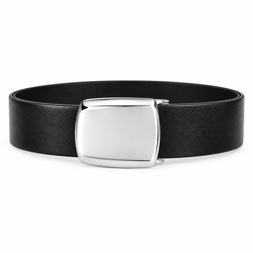 Black Leather Silver Plate Buckle Belt - Front View