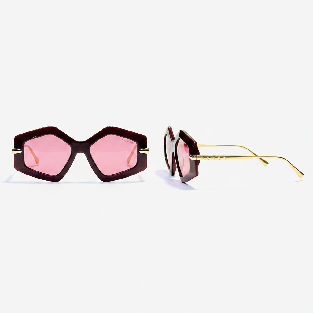 Women's oversized geometric sunglasses with burgundy frame, gold ribbed temple hardware and bright pink lenses – front and side ghost mannequin view on white background
