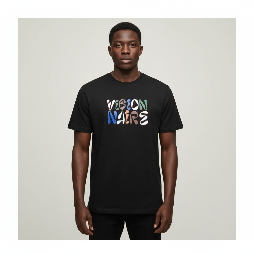 Black Nigerian male model wearing a black Visionnaire graphic T-shirt